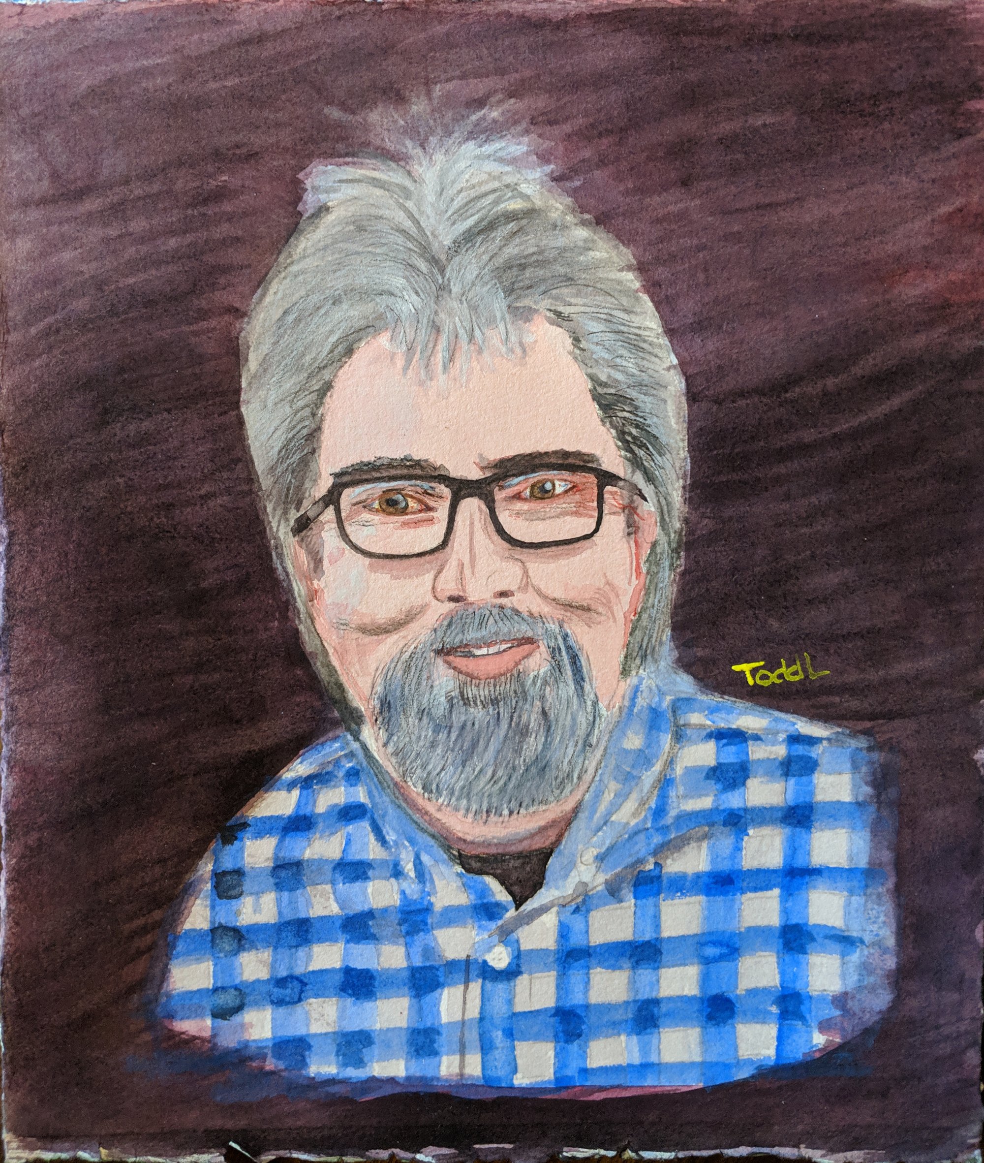 Watercolor self-portrait of Todd Lindstrom, bearded and in glasses and a blue checked shirt